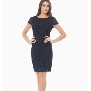 JS COLLECTIONS SHORT SLEEVE SOUTACHE & MESH COCKTAIL DRESS